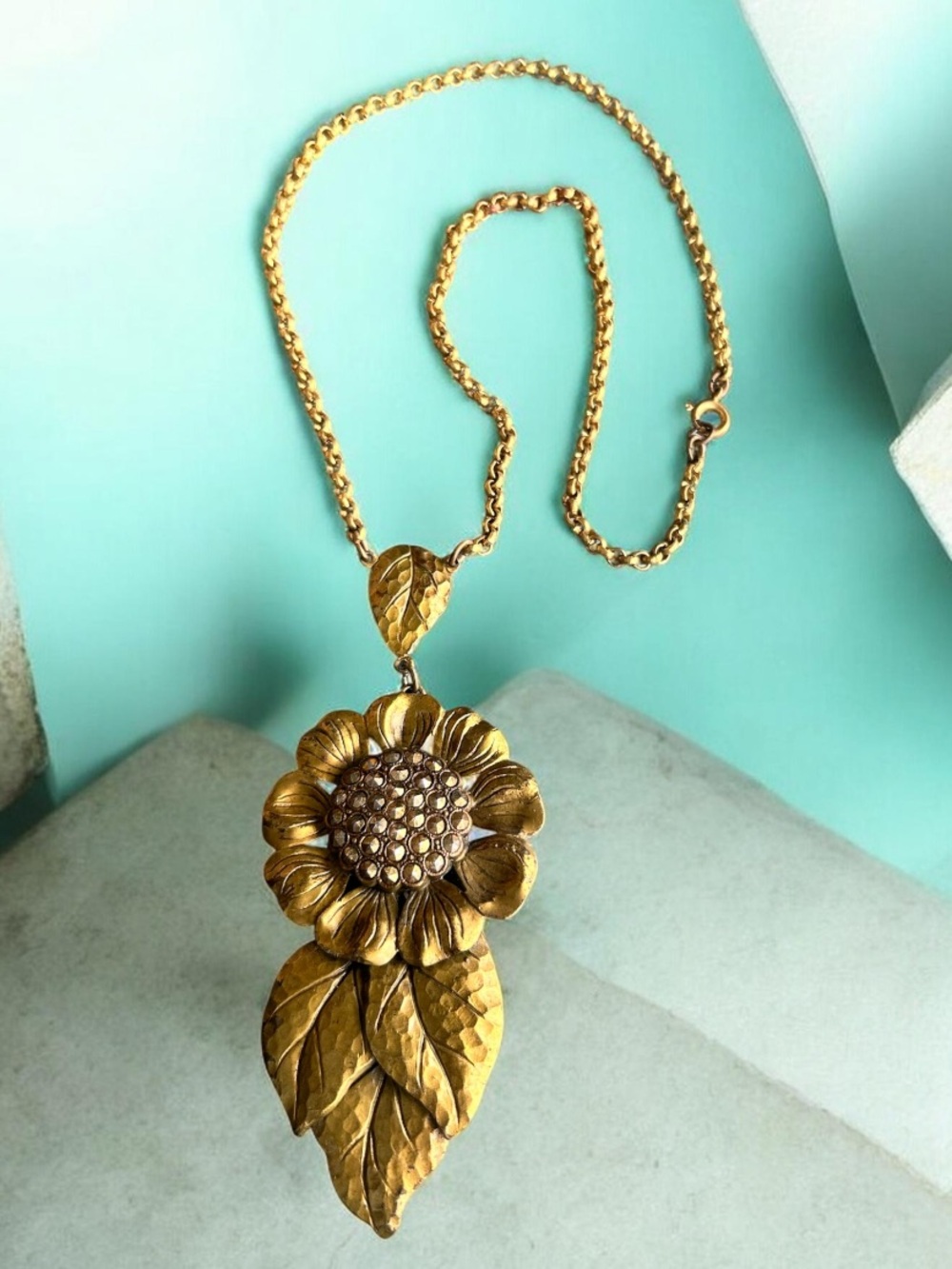 Early Vintage Joseff of Hollywood Brass Floral Sunflower Pendant Necklace